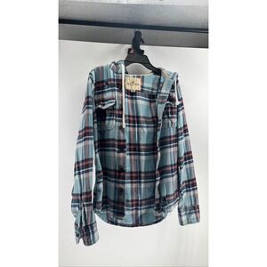 Hollister Men's M Blue Red Plaid Hooded Flannel Shirt